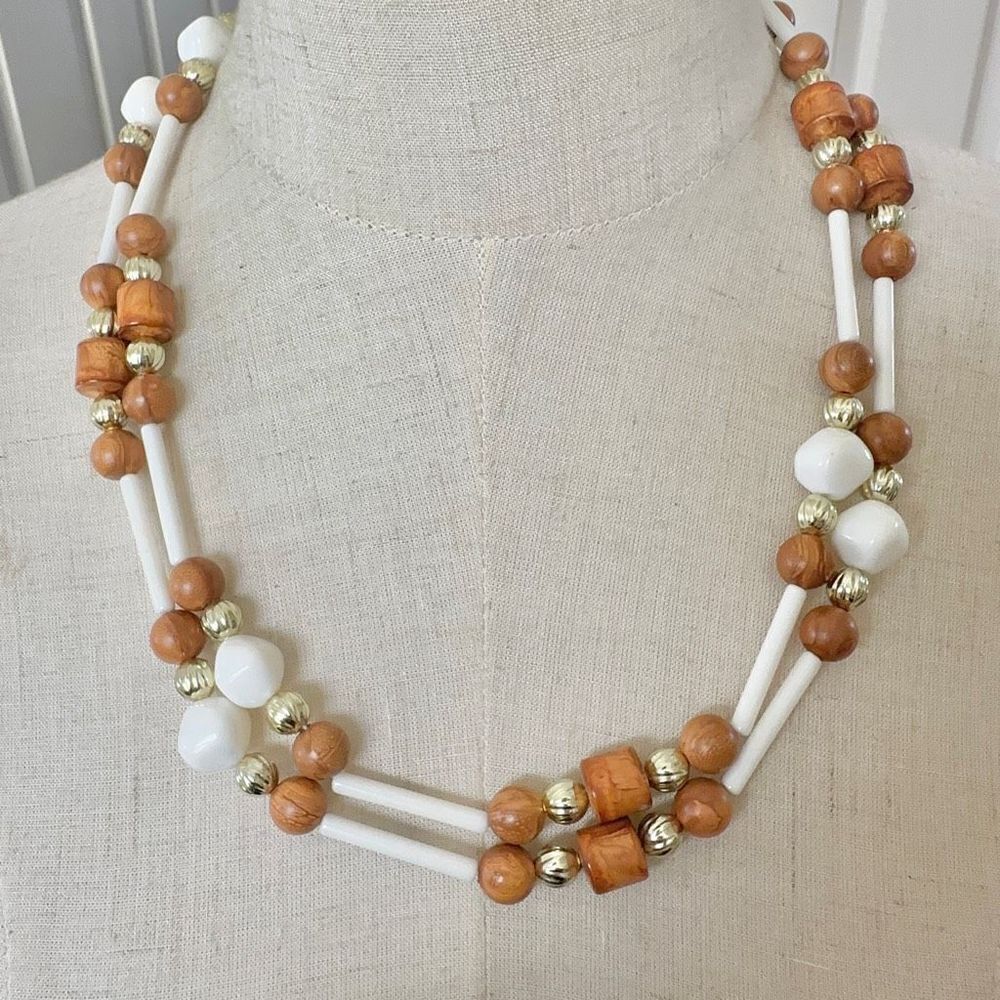 Gold tone white and brown beaded double strand vintage necklace